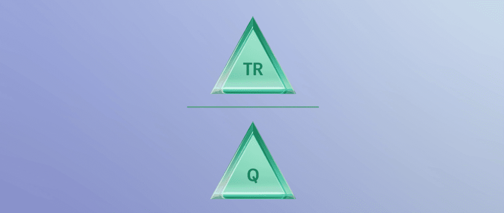 Two green triangles stacked on one another with the letters "TR" and "Q" in front of a purple blue background.